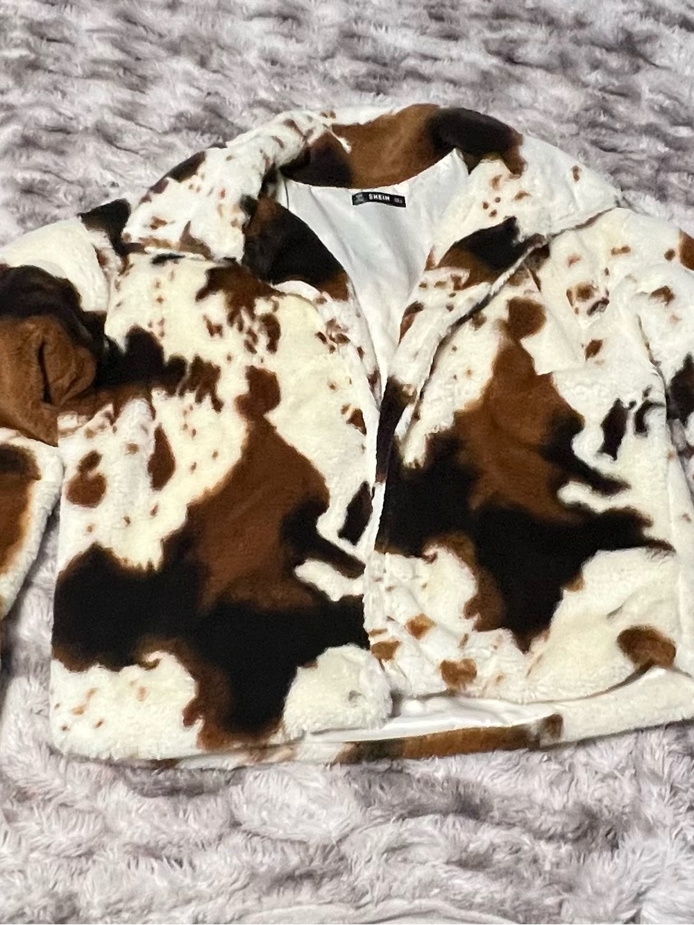 SHEIN Brown & White Faux Fur Cowprint Puffer Jacket for Kids